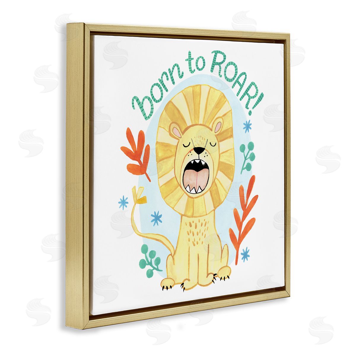 Heather Strianese Born To Roar Saying Yellow Lion Simple Botanicals Gold Floating Frame Canvas Wall Art Print