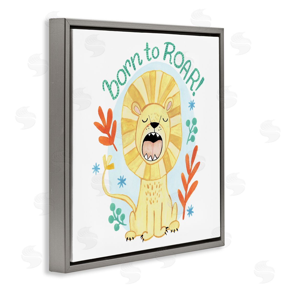 Heather Strianese Born To Roar Saying Yellow Lion Simple Botanicals Gray Floating Frame Canvas Wall Art Print