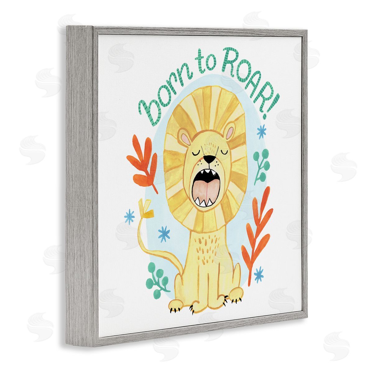 Heather Strianese Born To Roar Saying Yellow Lion Simple Botanicals Gray Framed Glicee Wall Art Print