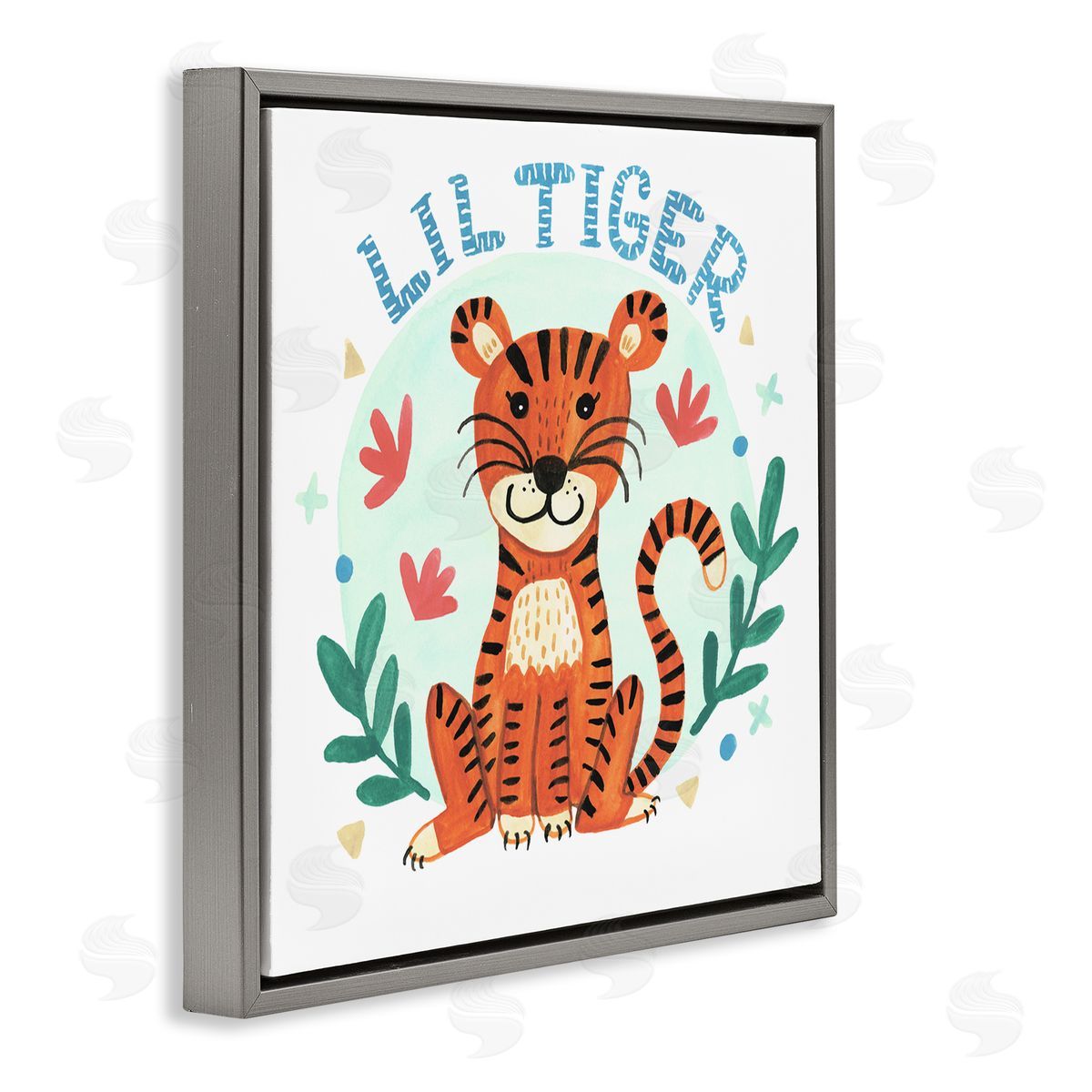 Heather Strianese Lil Tiger Text Whimsical Simple Botanicals Gray Floating Frame Canvas Wall Art Print