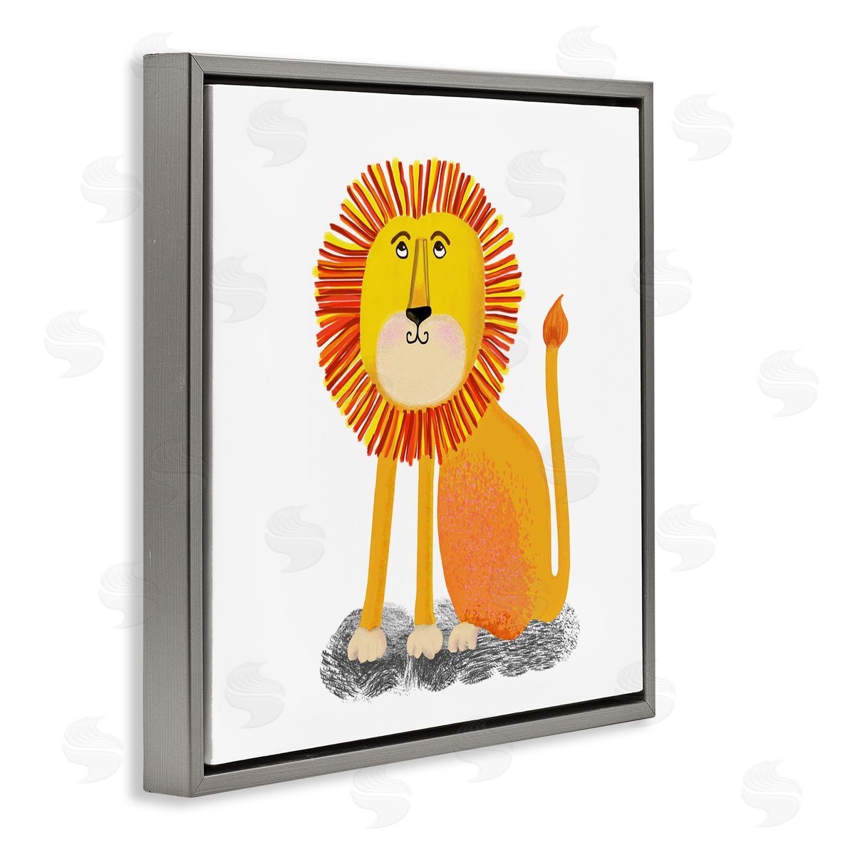 Lynnda Rakos Playful Smiling Lion Sitting Quirky Orange Mane  Gray Floating Frame Canvas Wall Art Print