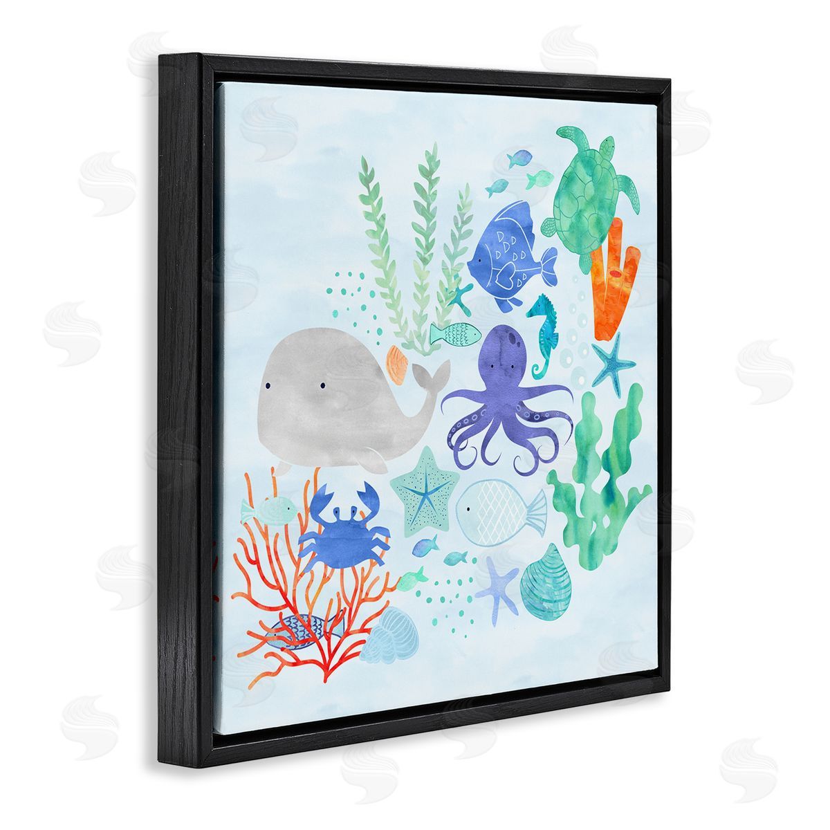 Erica Billups Nautical Sea Life Creatures Swimming Ocean Floor  Black Floating Frame Canvas Wall Art Print