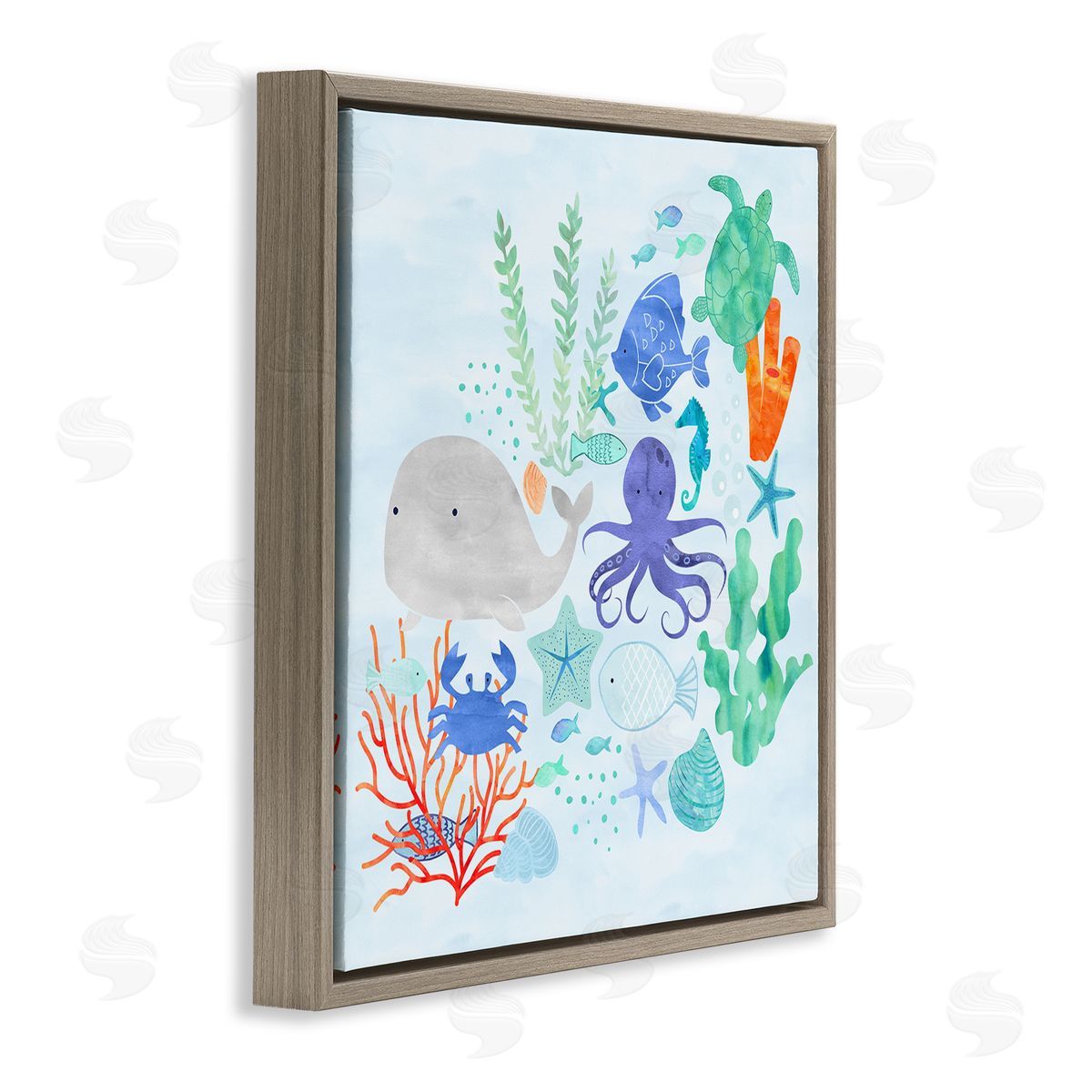 Erica Billups Nautical Sea Life Creatures Swimming Ocean Floor  Brown Floating Frame Canvas Wall Art Print