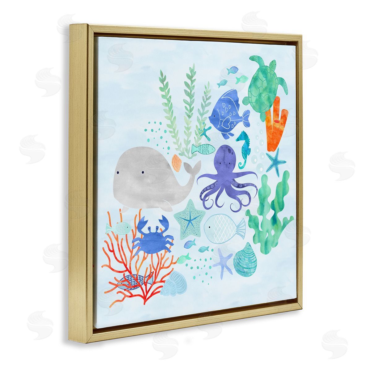 Erica Billups Nautical Sea Life Creatures Swimming Ocean Floor  Gold Floating Frame Canvas Wall Art Print