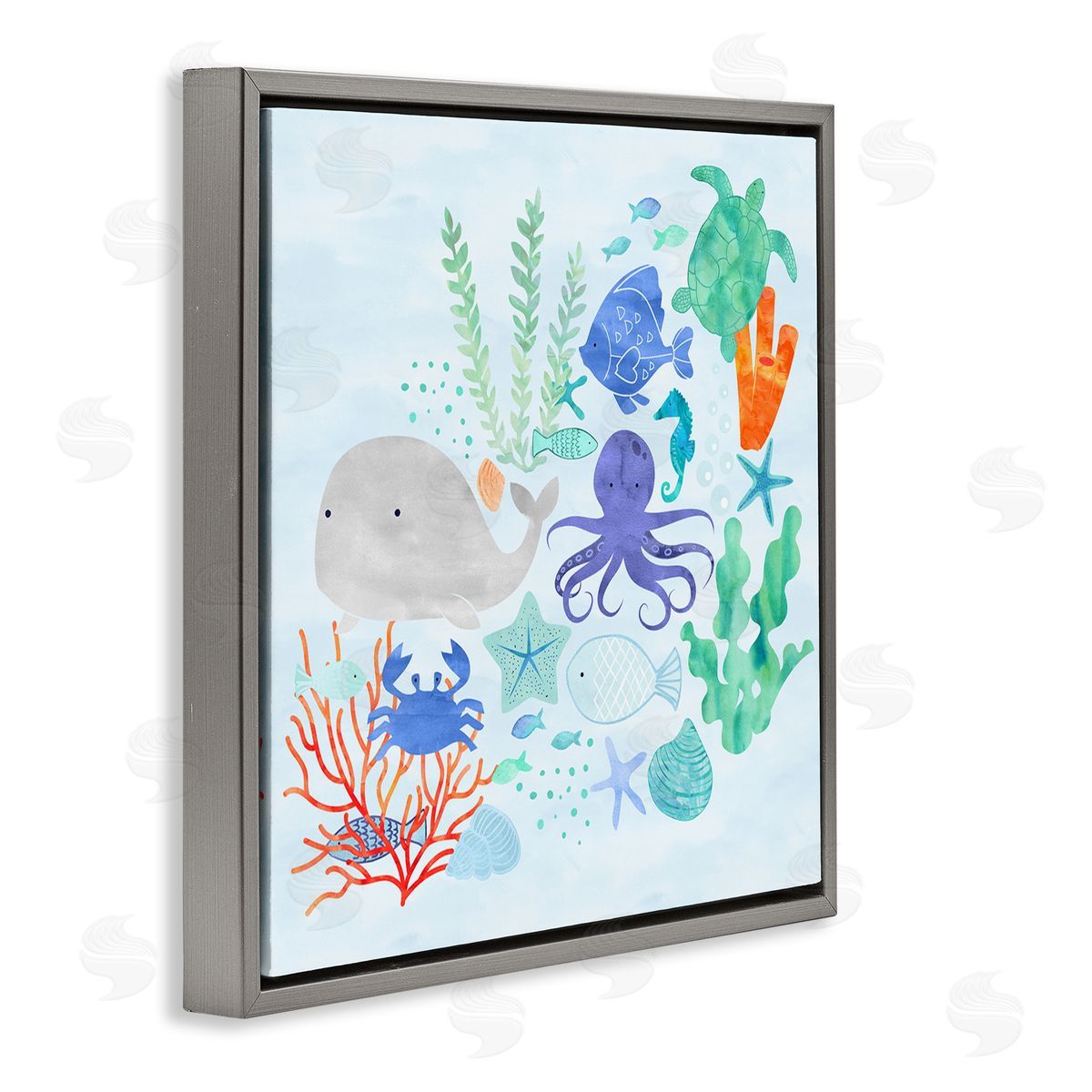 Erica Billups Nautical Sea Life Creatures Swimming Ocean Floor  Gray Floating Frame Canvas Wall Art Print