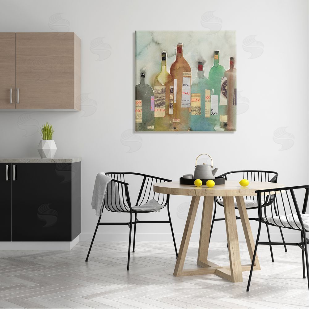 Samuel Dixon Classic Wine Liquor Bottles Watercolor Collage Canvas Wall Art in Room