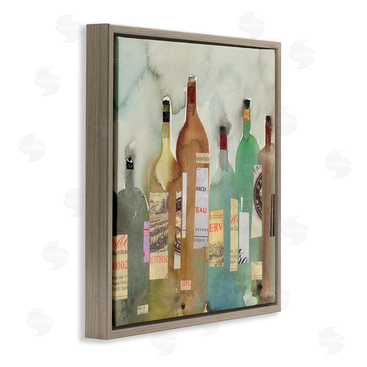 Samuel Dixon Classic Wine Liquor Bottles Watercolor Collage Brown Floating Frame Canvas Wall Art Print
