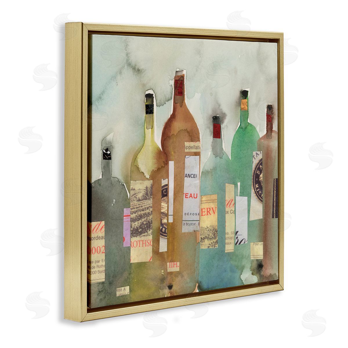 Samuel Dixon Classic Wine Liquor Bottles Watercolor Collage Gold Floating Frame Canvas Wall Art Print