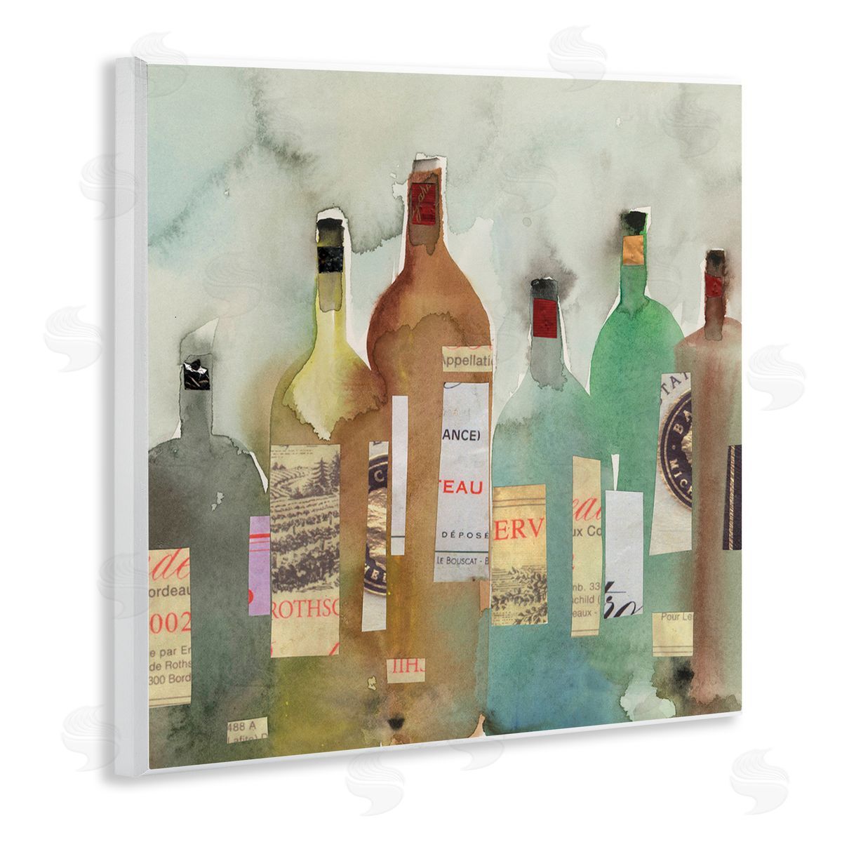 Samuel Dixon Classic Wine Liquor Bottles Watercolor Collage Wooden Wall Plaque Art Print
