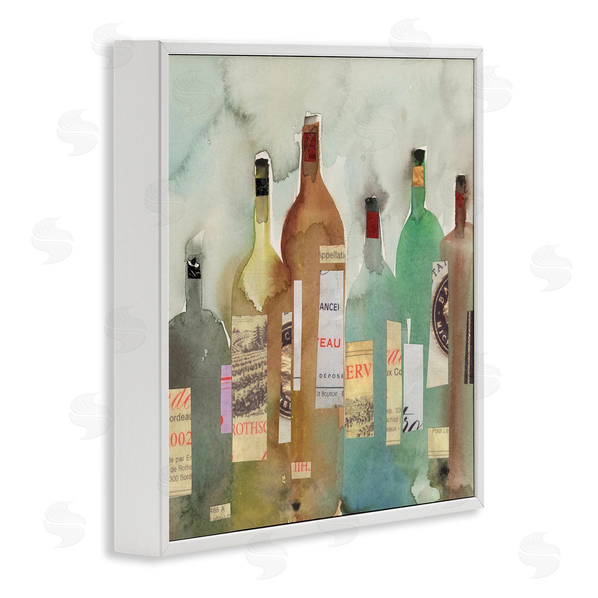 Samuel Dixon Classic Wine Liquor Bottles Watercolor Collage White Framed Glicee Wall Art Print