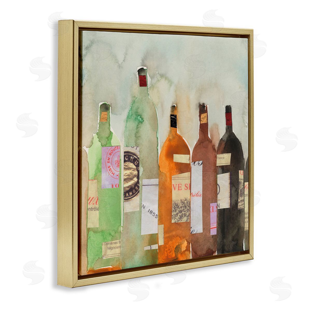 Samuel Dixon Collaged Wine Champagne Bottles Vintage Style  Gold Floating Frame Canvas Wall Art Print