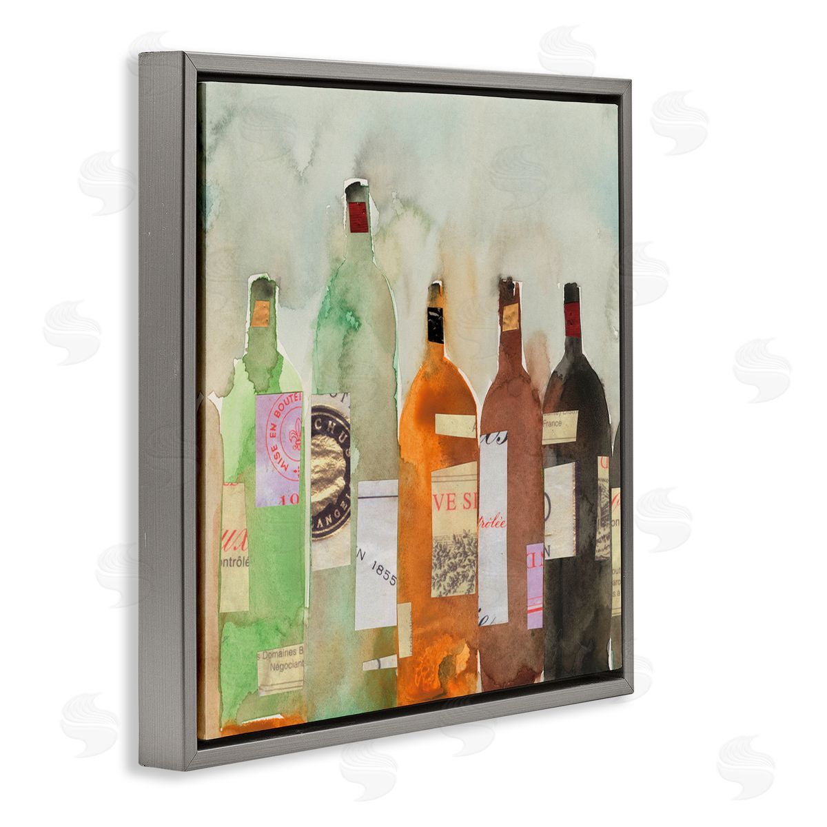 Samuel Dixon Collaged Wine Champagne Bottles Vintage Style  Gray Floating Frame Canvas Wall Art Print