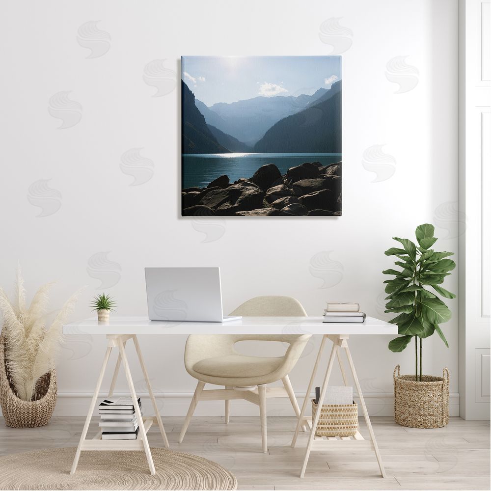 Carol Robinson Rocky Lakeside Mountain View Horizon Scene Canvas Wall Art in Room