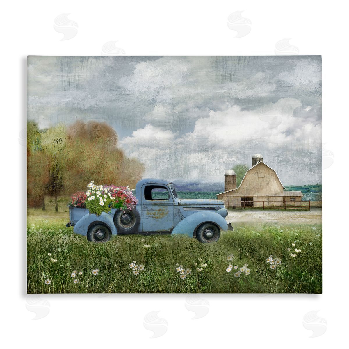 Vintage Blue Truck in Meadow Canvas Wall Art, Home Decor by Nan
