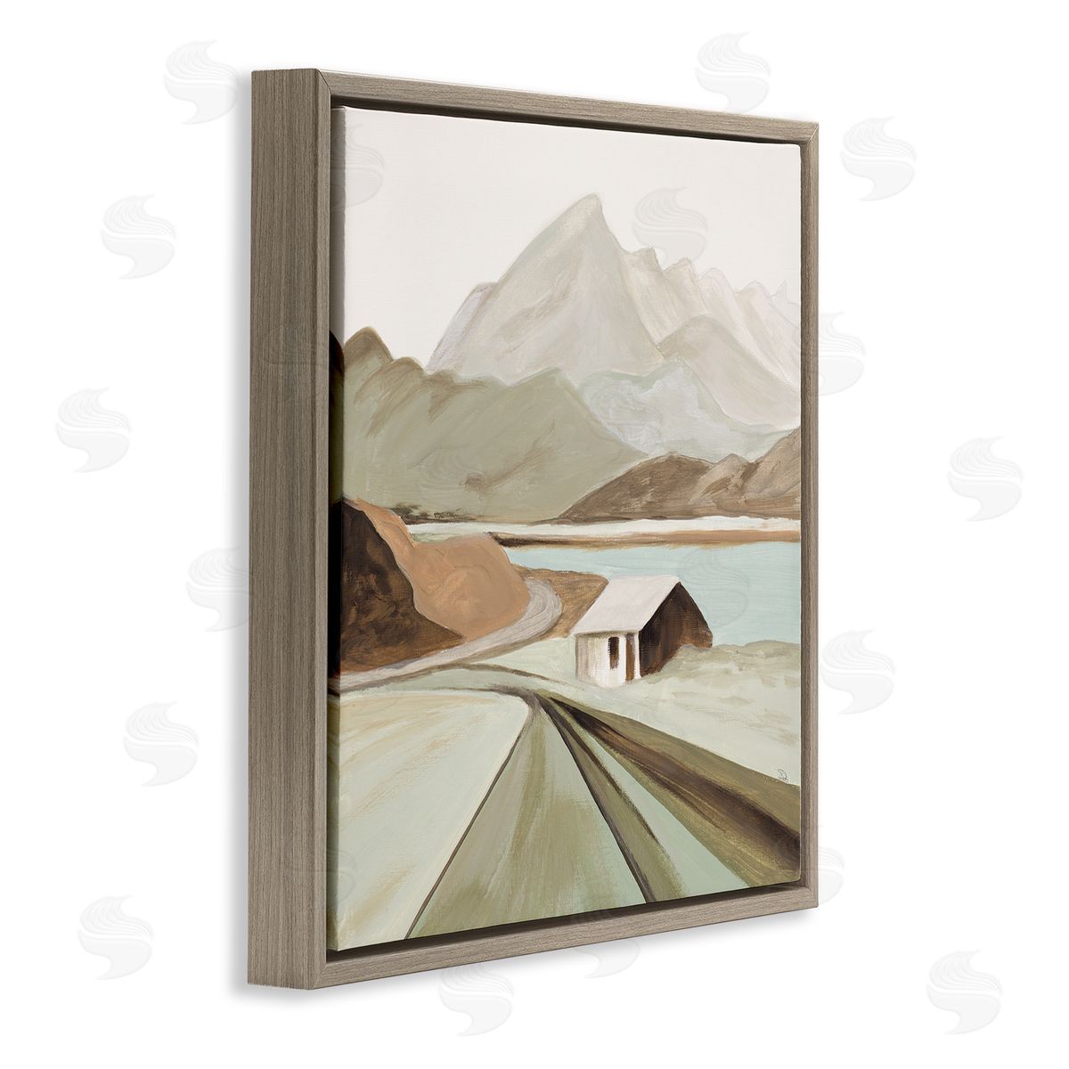 Patricia Pinto Lone Countryside Cottage Road Distant Mountain Peaks Brown Floating Frame Canvas Wall Art Print