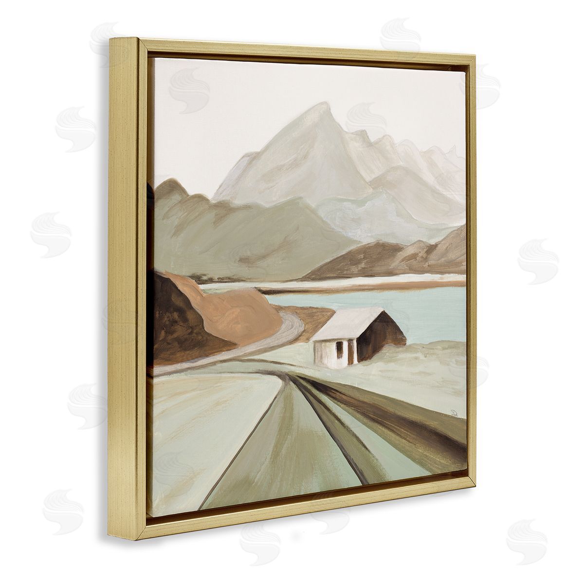 Patricia Pinto Lone Countryside Cottage Road Distant Mountain Peaks Gold Floating Frame Canvas Wall Art Print