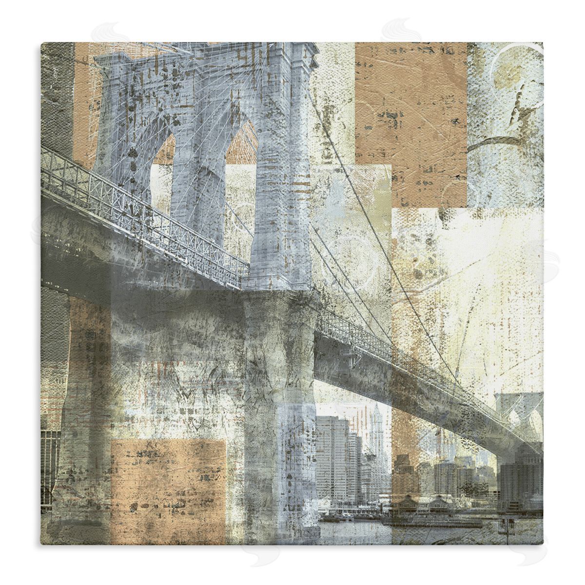 Katrina Craven Abstract Collaged Cityscape Arched Bridge Water Boats Stretched Canvas Wall Art Print