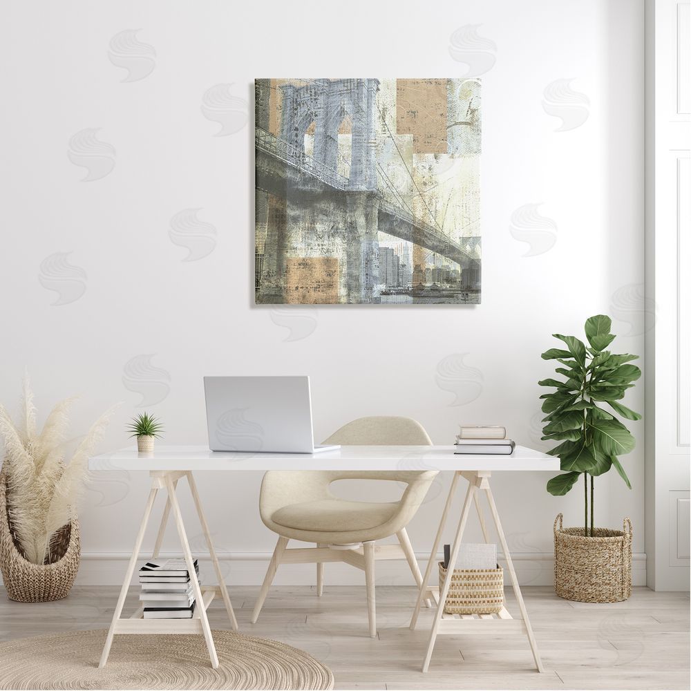 Katrina Craven Abstract Collaged Cityscape Arched Bridge Water Boats Canvas Wall Art in Room