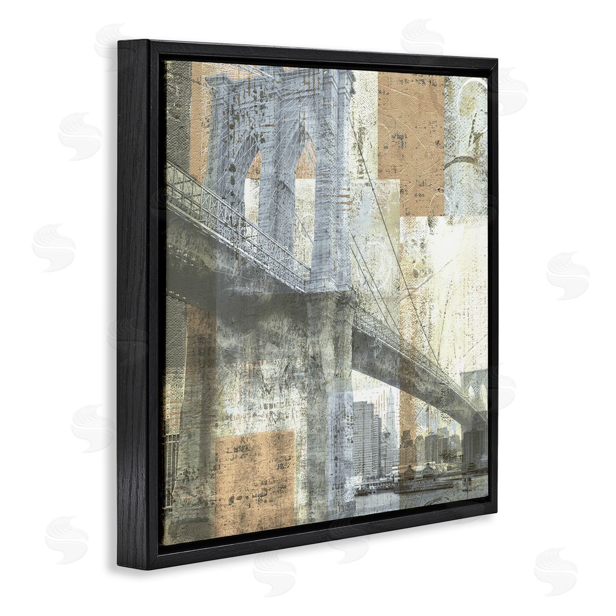 Katrina Craven Abstract Collaged Cityscape Arched Bridge Water Boats Black Floating Frame Canvas Wall Art Print