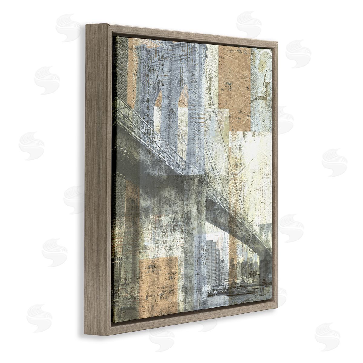 Katrina Craven Abstract Collaged Cityscape Arched Bridge Water Boats Brown Floating Frame Canvas Wall Art Print