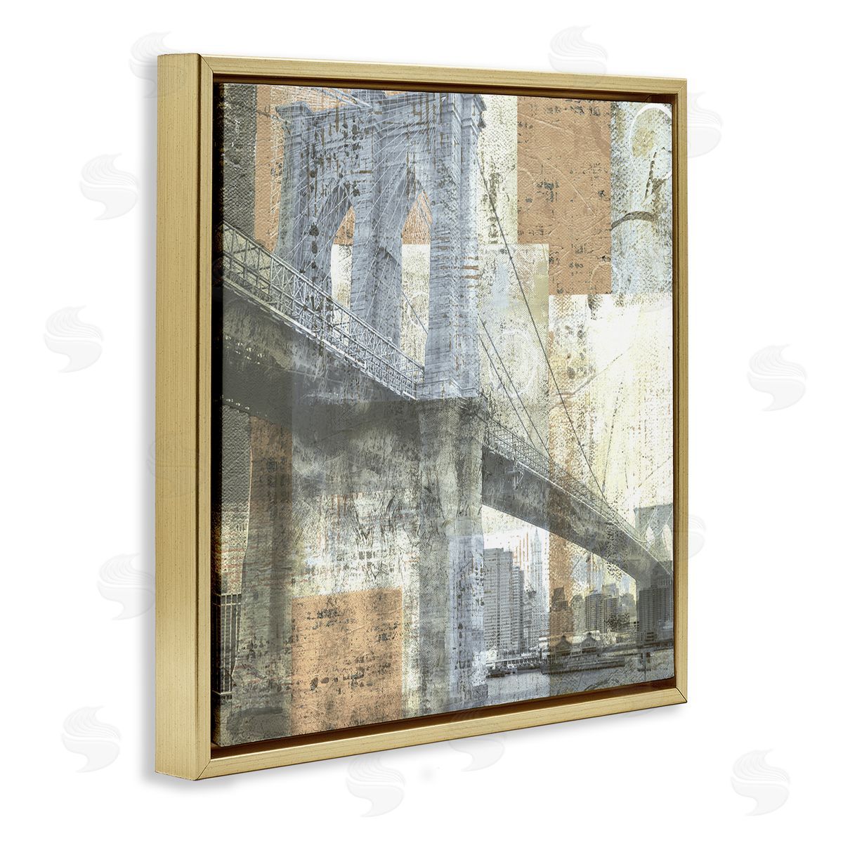 Katrina Craven Abstract Collaged Cityscape Arched Bridge Water Boats Gold Floating Frame Canvas Wall Art Print