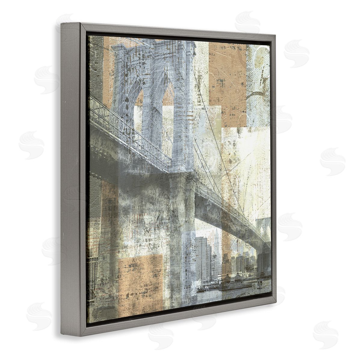 Katrina Craven Abstract Collaged Cityscape Arched Bridge Water Boats Gray Floating Frame Canvas Wall Art Print