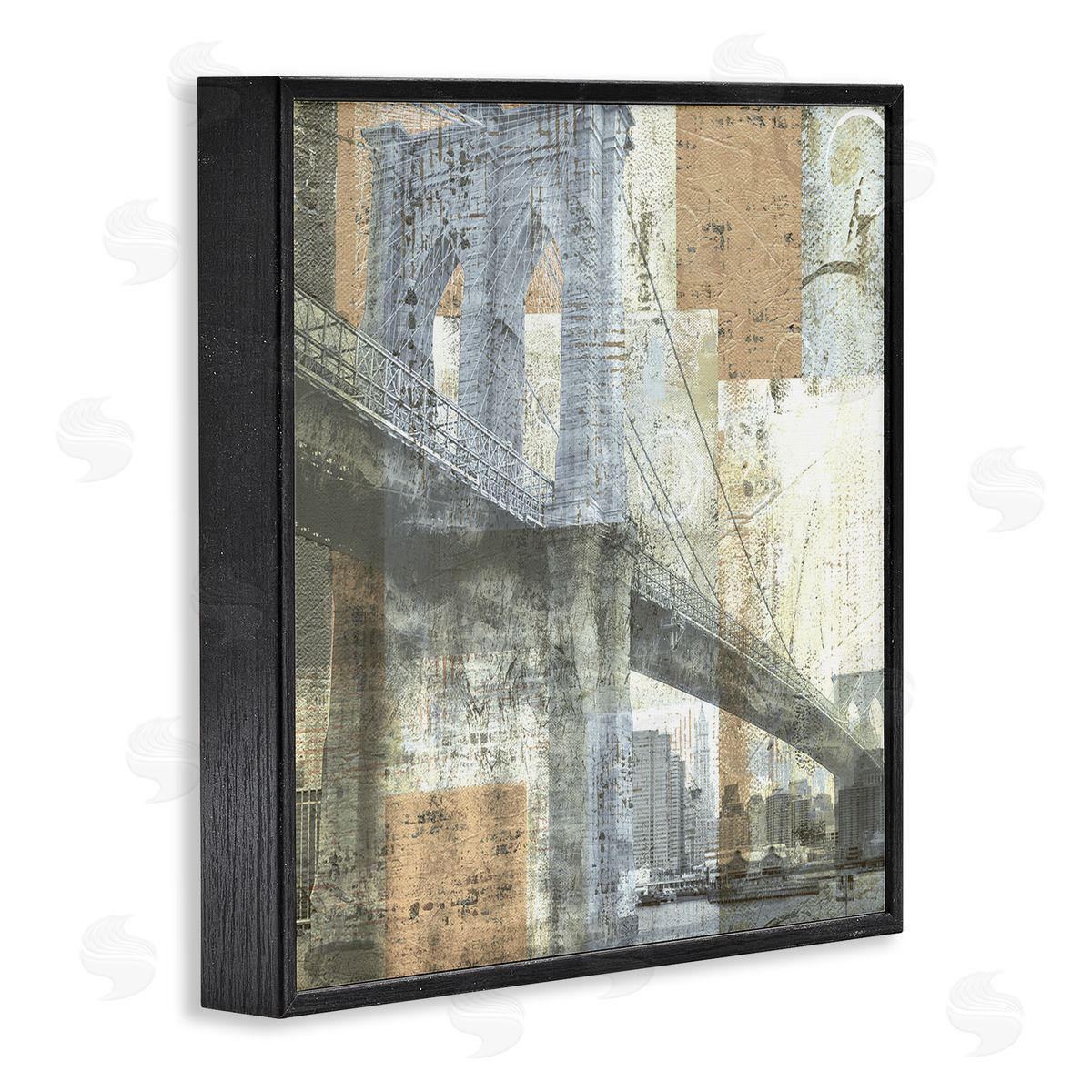 Katrina Craven Abstract Collaged Cityscape Arched Bridge Water Boats Black Framed Glicee Wall Art Print