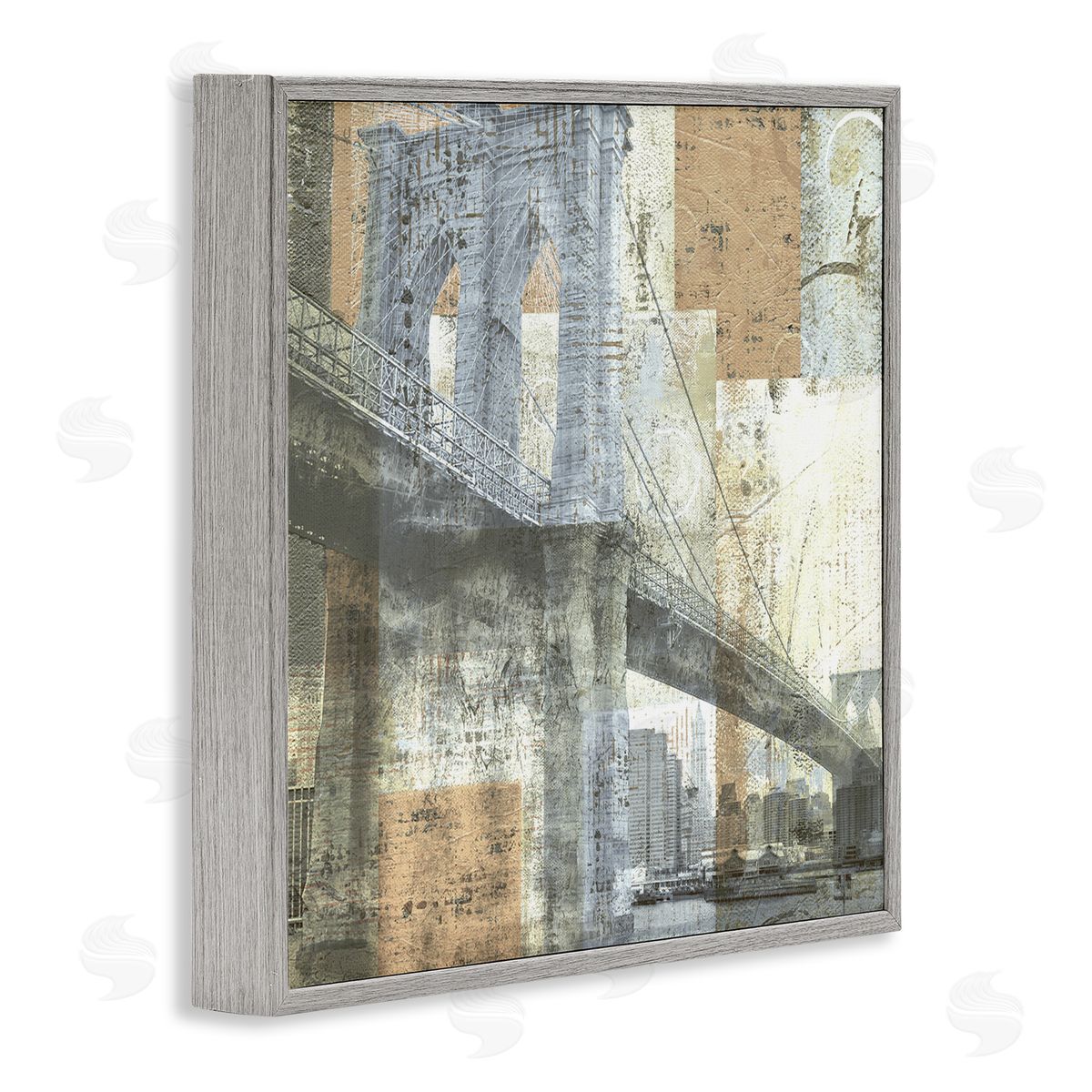 Katrina Craven Abstract Collaged Cityscape Arched Bridge Water Boats Gray Framed Glicee Wall Art Print