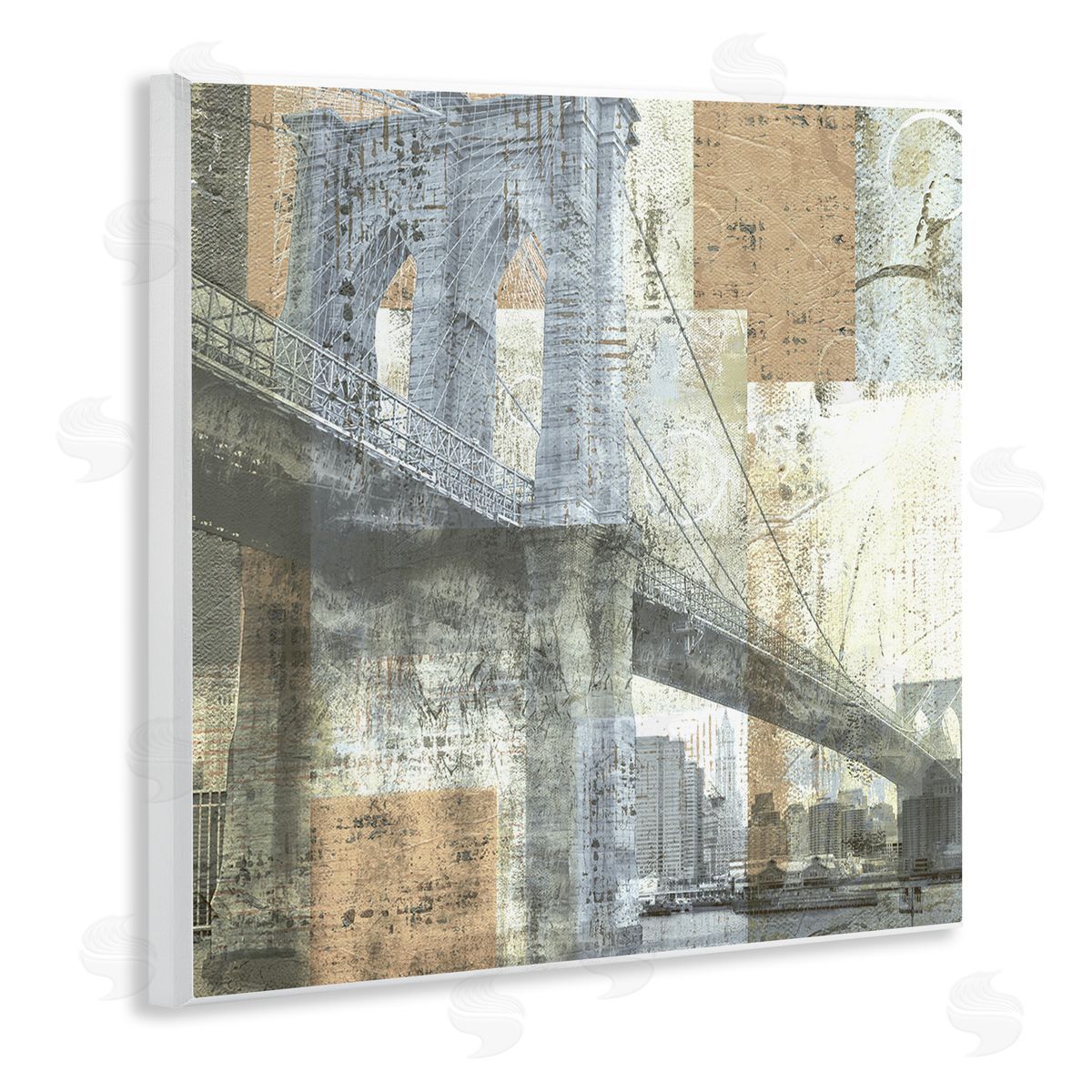 Katrina Craven Abstract Collaged Cityscape Arched Bridge Water Boats Wooden Wall Plaque Art Print