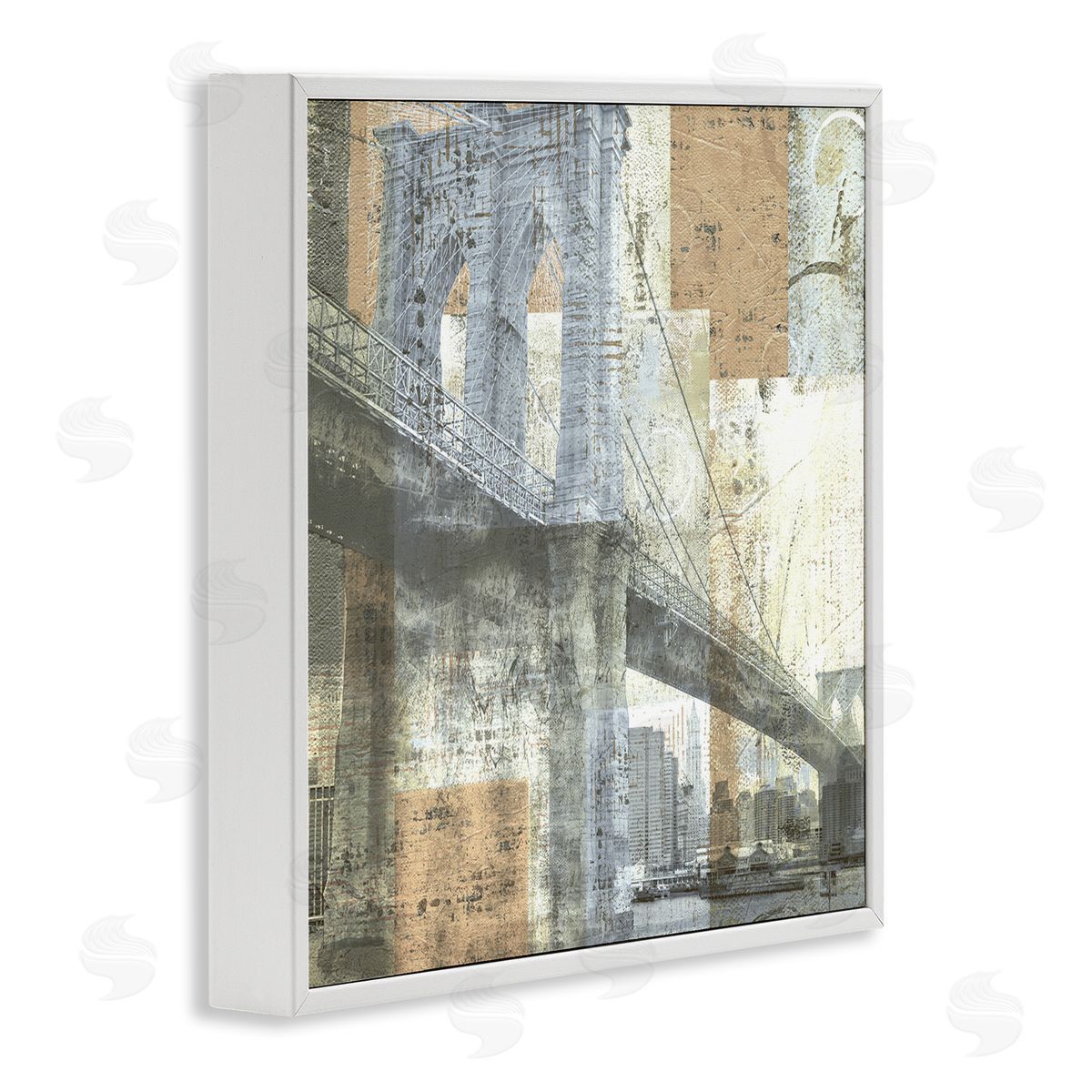 Katrina Craven Abstract Collaged Cityscape Arched Bridge Water Boats White Framed Glicee Wall Art Print