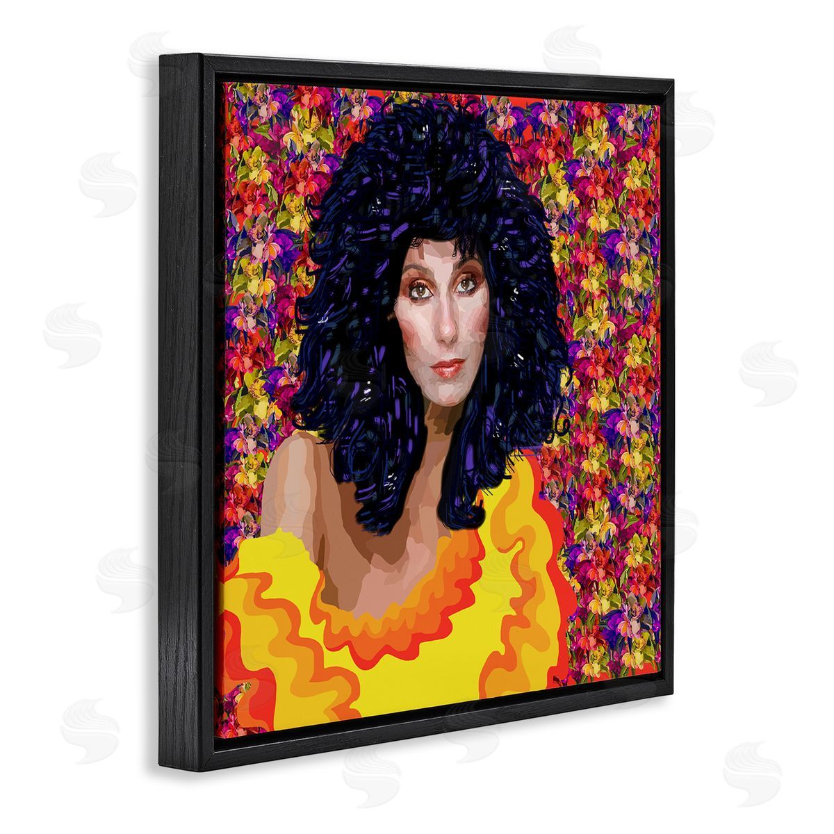 Lynnda Rakos Modern Fashion Singer Icon Floral Petal Pattern Background Black Floating Frame Canvas Wall Art Print