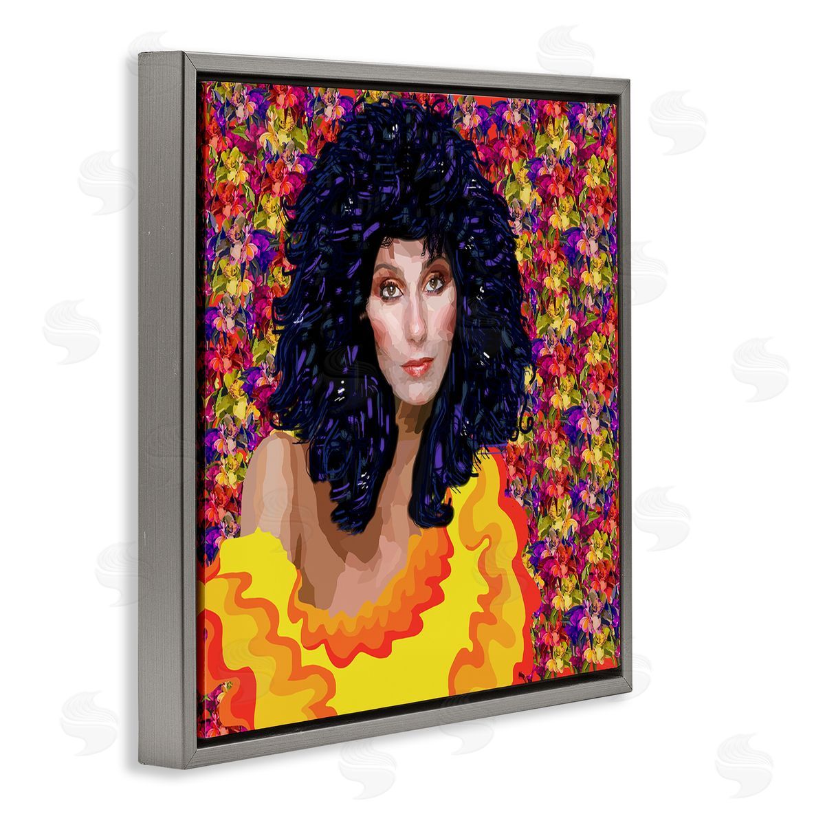 Lynnda Rakos Modern Fashion Singer Icon Floral Petal Pattern Background Gray Floating Frame Canvas Wall Art Print