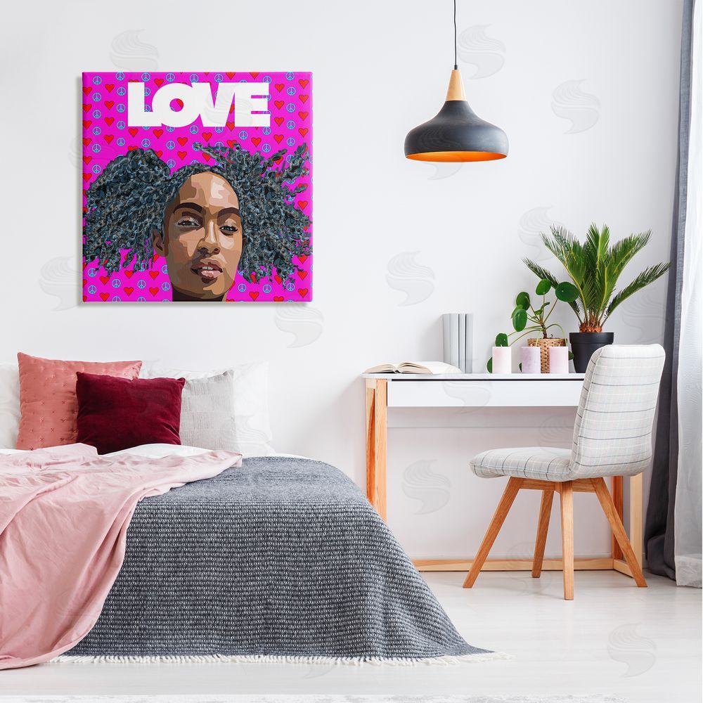 Lynnda Rakos Patterned Pink Love Peace Sign Hearts Person  Canvas Wall Art in Room