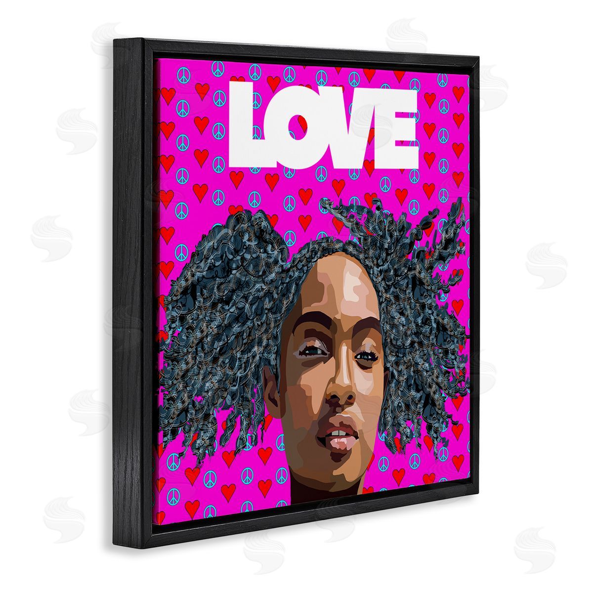Lynnda Rakos Patterned Pink Love Peace Sign Hearts Person  Black Floating Frame Canvas Wall Art Print