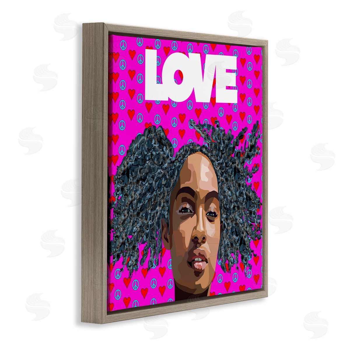 Lynnda Rakos Patterned Pink Love Peace Sign Hearts Person  Brown Floating Frame Canvas Wall Art Print