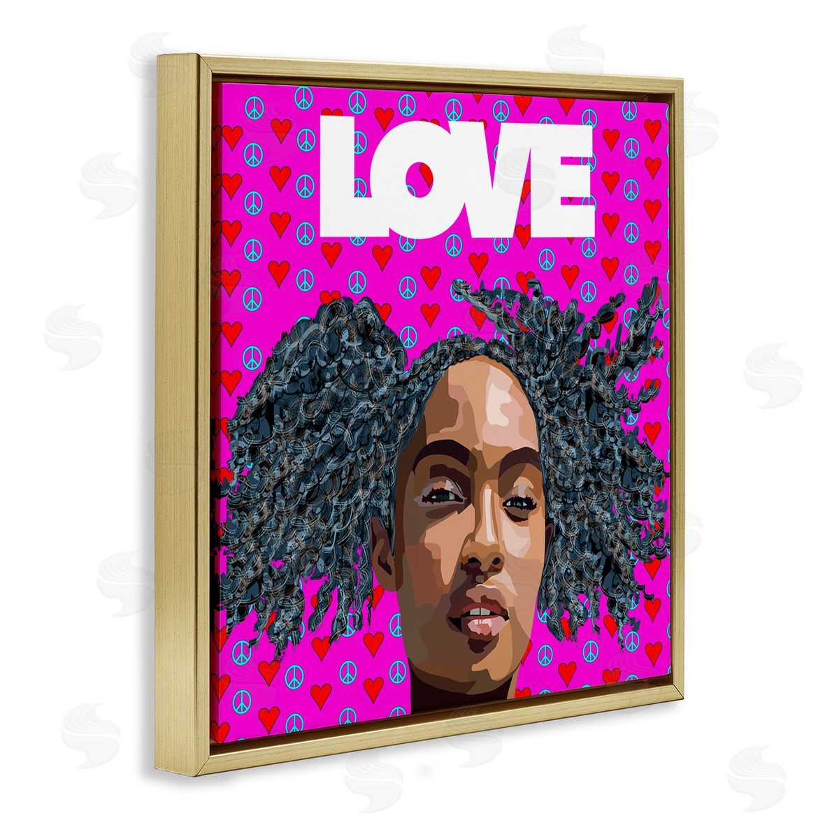 Lynnda Rakos Patterned Pink Love Peace Sign Hearts Person  Gold Floating Frame Canvas Wall Art Print