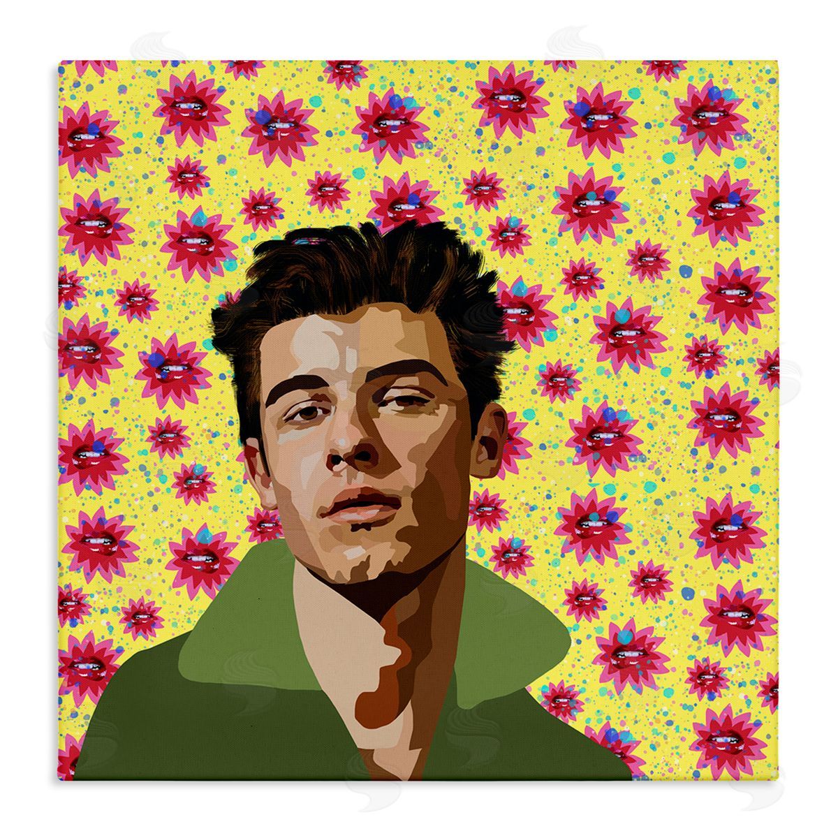 Lynnda Rakos Groovy Yellow Floral Pattern Modern Mendes Portrait Stretched Canvas Wall Art Print