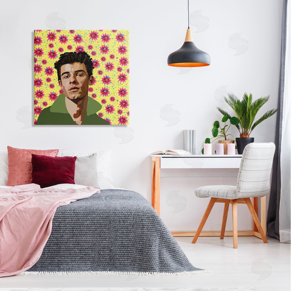 Lynnda Rakos Groovy Yellow Floral Pattern Modern Mendes Portrait Canvas Wall Art in Room