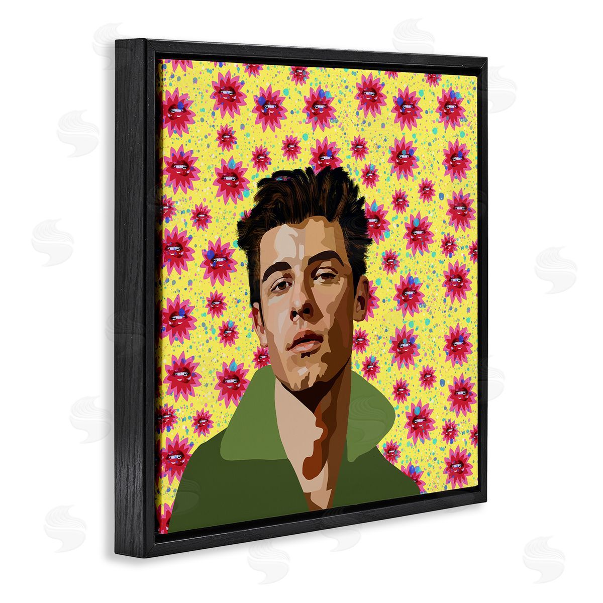 Lynnda Rakos Groovy Yellow Floral Pattern Modern Mendes Portrait Black Floating Frame Canvas Wall Art Print