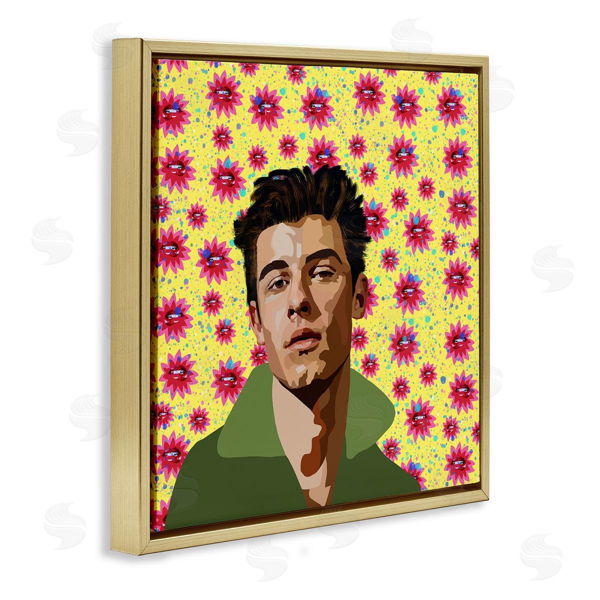 Lynnda Rakos Groovy Yellow Floral Pattern Modern Mendes Portrait Gold Floating Frame Canvas Wall Art Print
