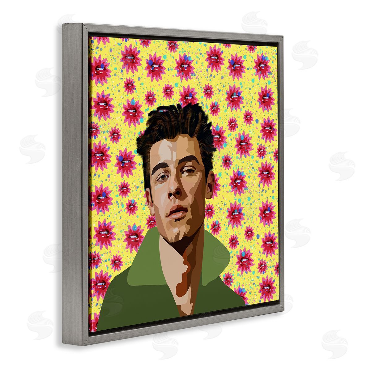 Lynnda Rakos Groovy Yellow Floral Pattern Modern Mendes Portrait Gray Floating Frame Canvas Wall Art Print