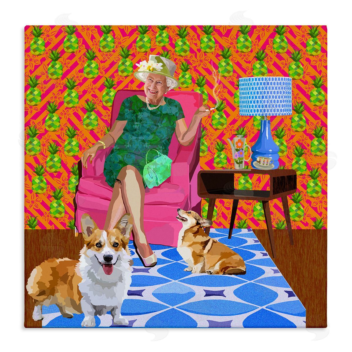 Lynnda Rakos Modern Queen Corgi Dogs Pineapple Patterned Background Stretched Canvas Wall Art Print