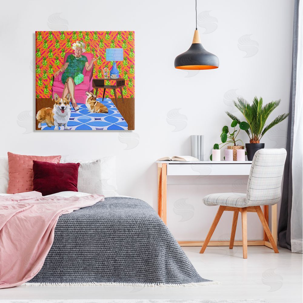 Lynnda Rakos Modern Queen Corgi Dogs Pineapple Patterned Background Canvas Wall Art in Room