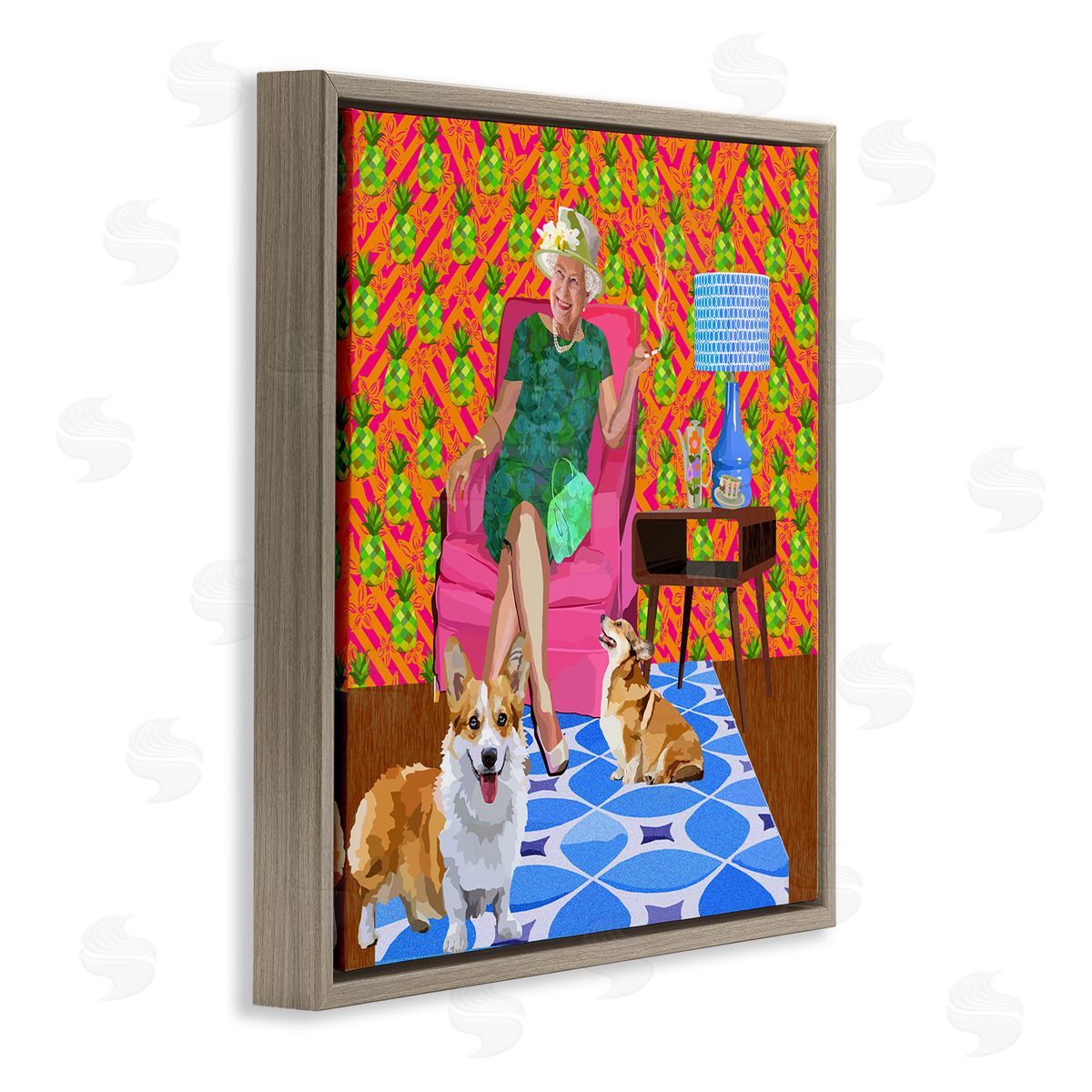 Lynnda Rakos Modern Queen Corgi Dogs Pineapple Patterned Background Brown Floating Frame Canvas Wall Art Print