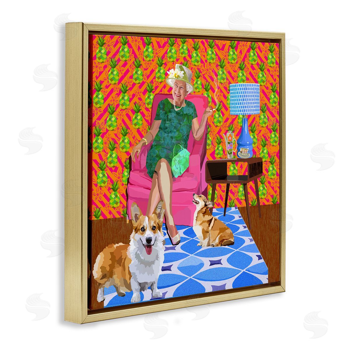 Lynnda Rakos Modern Queen Corgi Dogs Pineapple Patterned Background Gold Floating Frame Canvas Wall Art Print