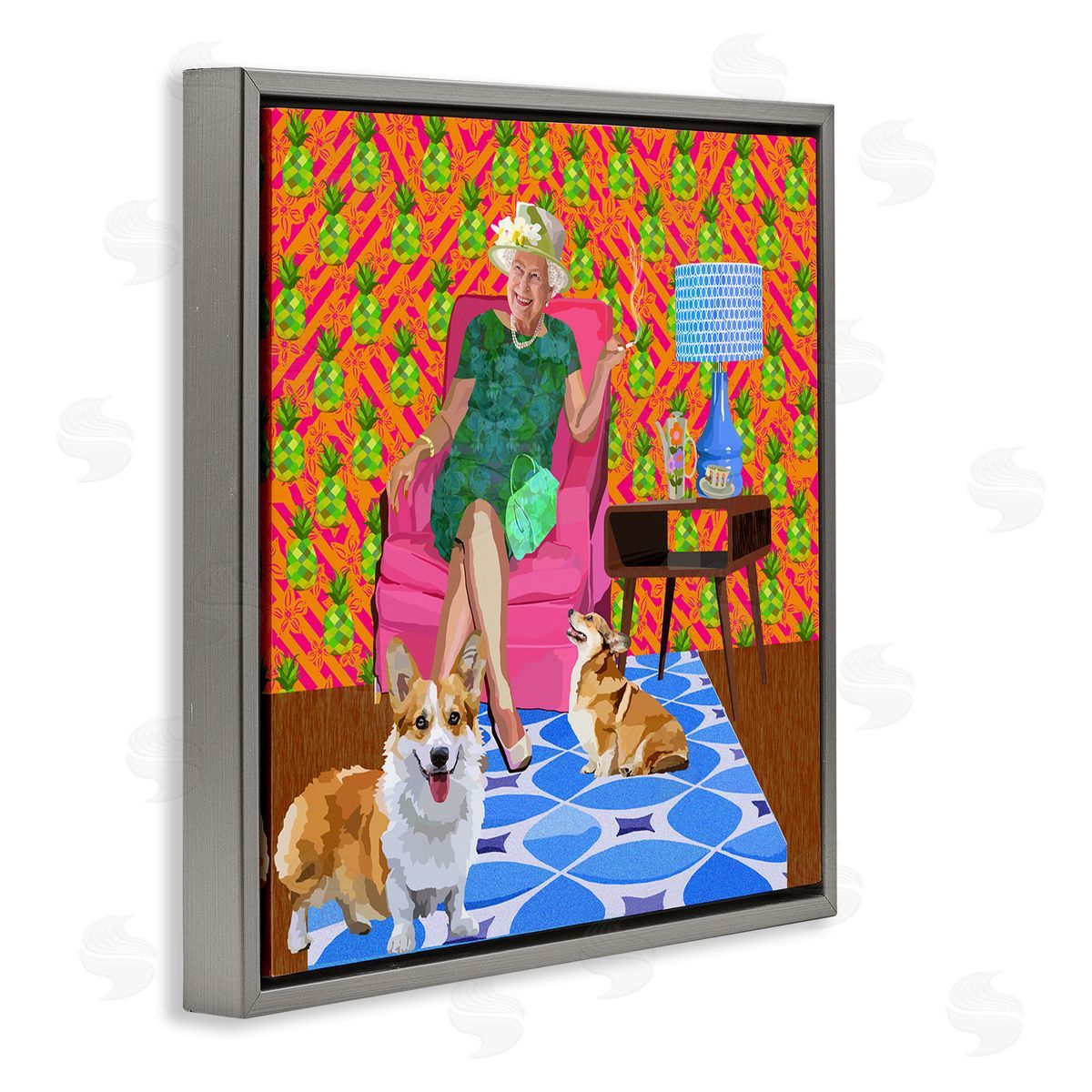 Lynnda Rakos Modern Queen Corgi Dogs Pineapple Patterned Background Gray Floating Frame Canvas Wall Art Print