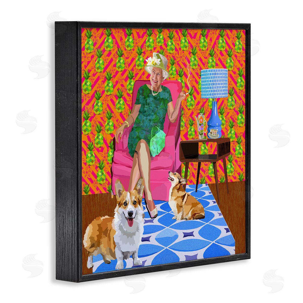 Lynnda Rakos Modern Queen Corgi Dogs Pineapple Patterned Background Black Framed Glicee Wall Art Print