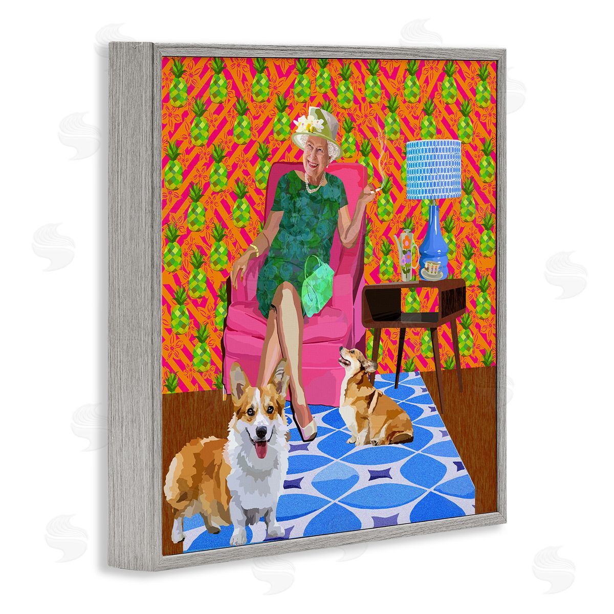 Lynnda Rakos Modern Queen Corgi Dogs Pineapple Patterned Background Gray Framed Glicee Wall Art Print