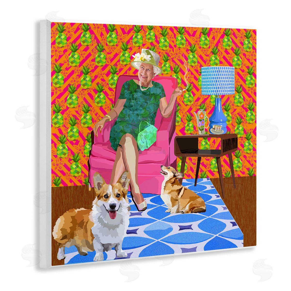Lynnda Rakos Modern Queen Corgi Dogs Pineapple Patterned Background Wooden Wall Plaque Art Print
