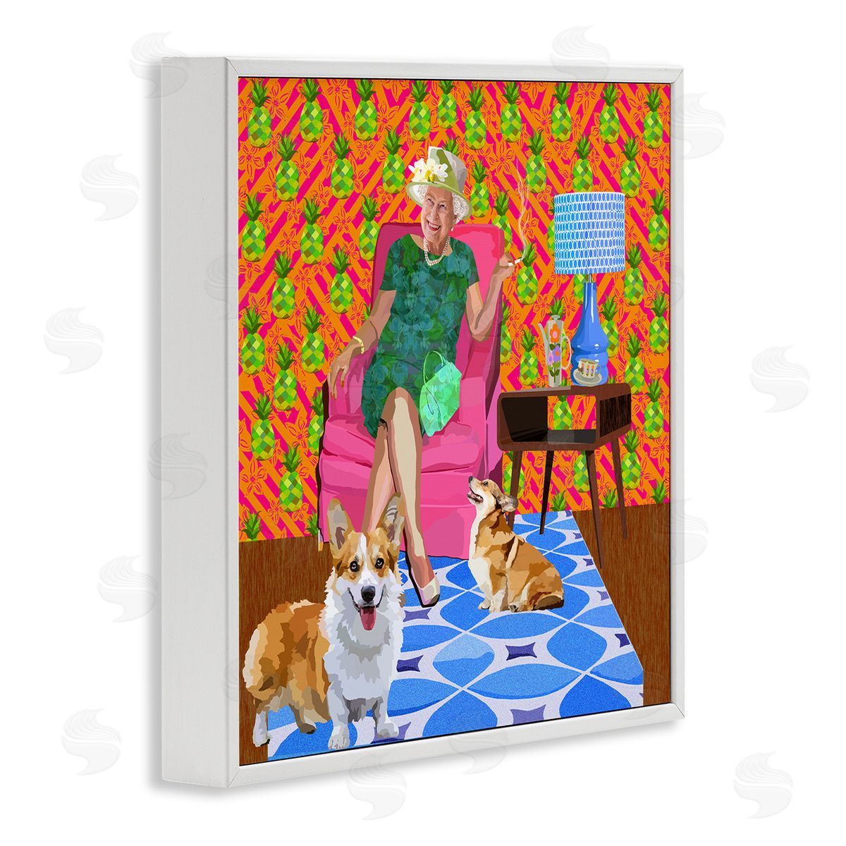 Lynnda Rakos Modern Queen Corgi Dogs Pineapple Patterned Background White Framed Glicee Wall Art Print